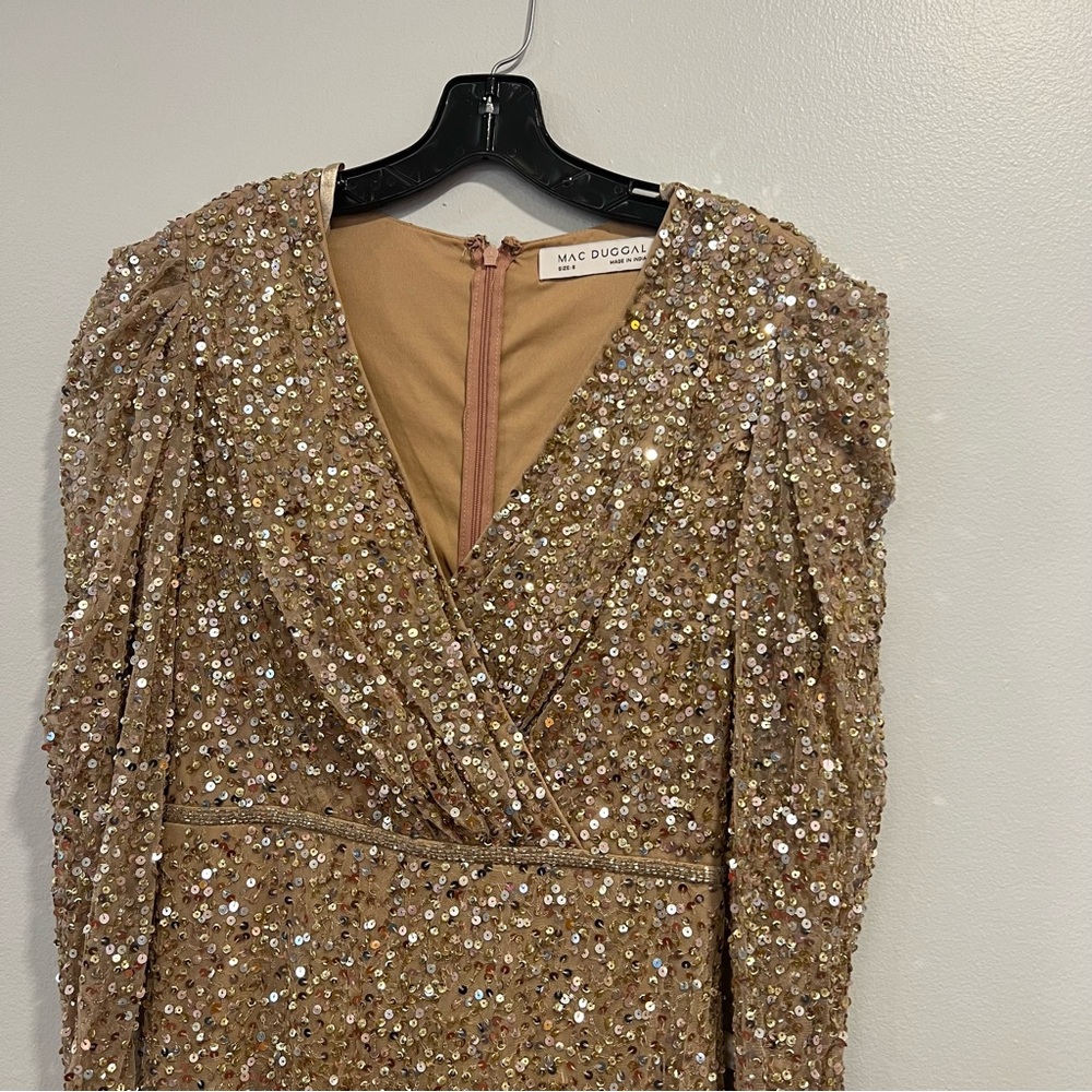 Mac Duggal Shimmering Gold Sequined Puff Shoulder Surplice Evening Gown -Reemoly - Picture 9 of 16